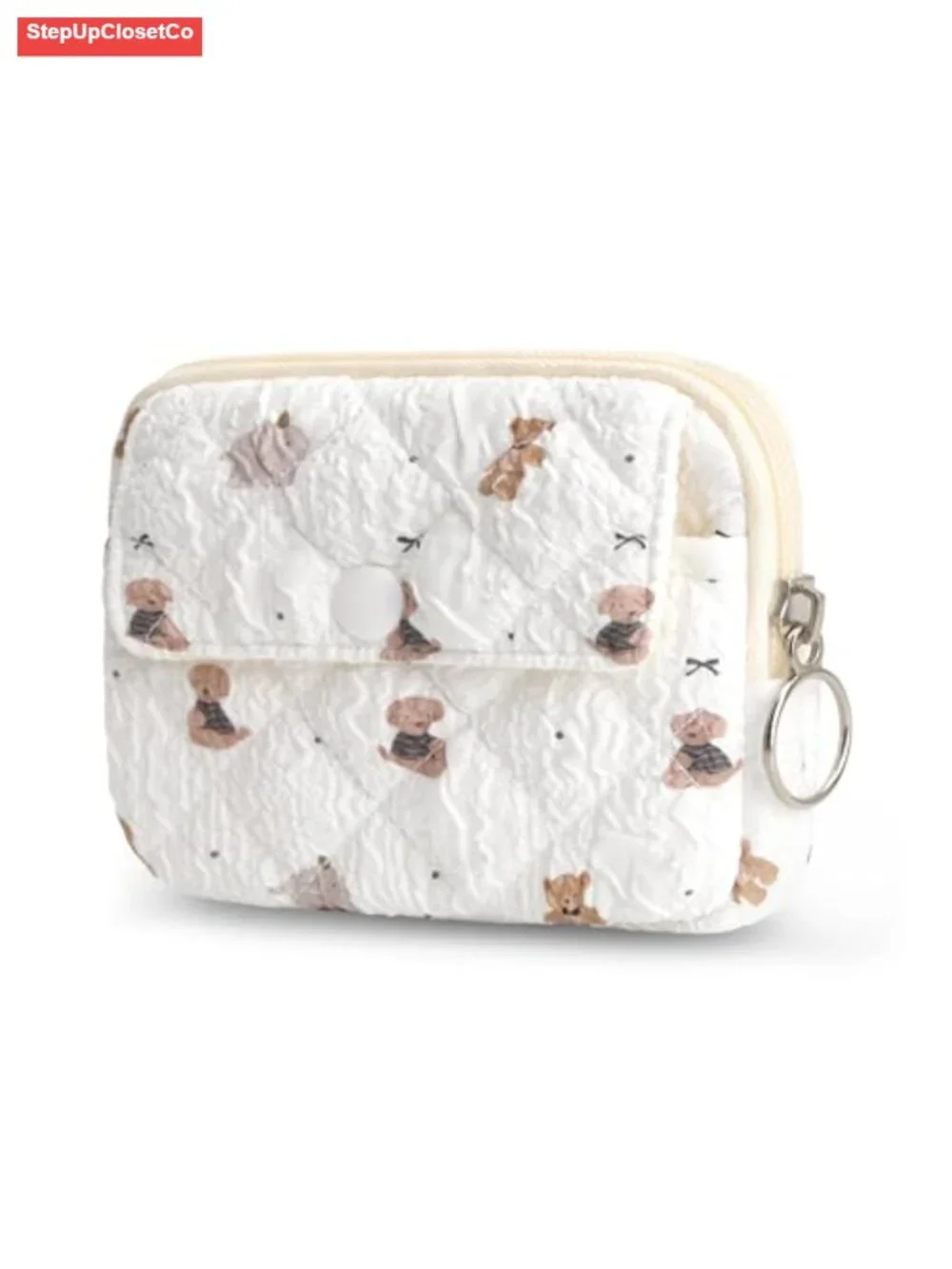 Quilted Floral Coin Purse Wallet for Women with Keychain, Compact Zipper Pouch